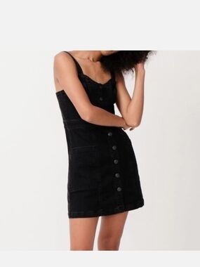 Dear John Black Denim Button-Front Mini Dress Sz S EUC Adjustable Straps Denim